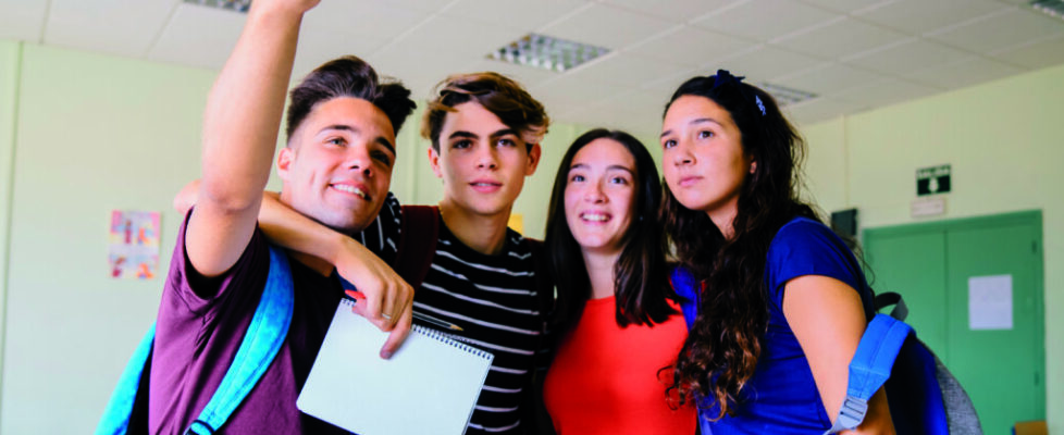 group schoolkids taking selfie classroom group schoolkids taking selfie classroom